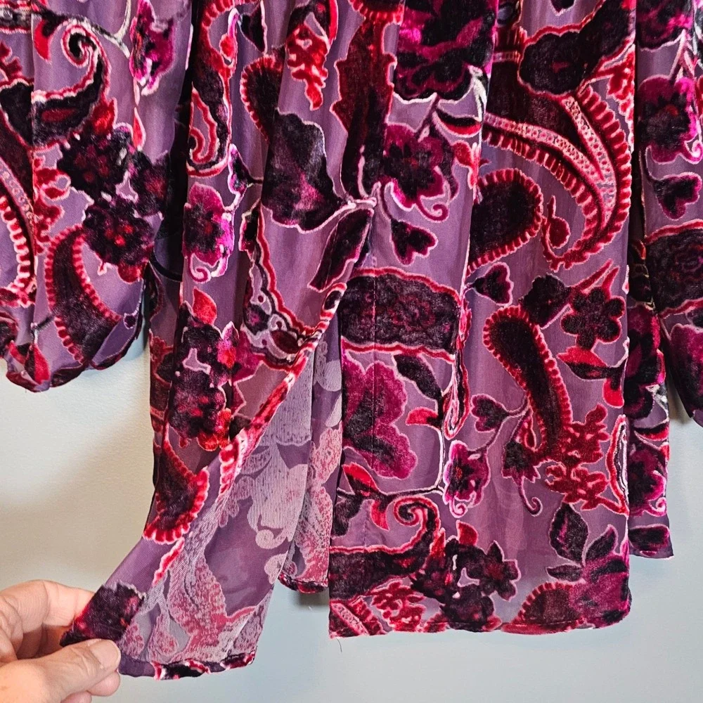 Ariella Chicos Women's Purple Paisley Burnout Velvet Sheer Blouse Top Size S